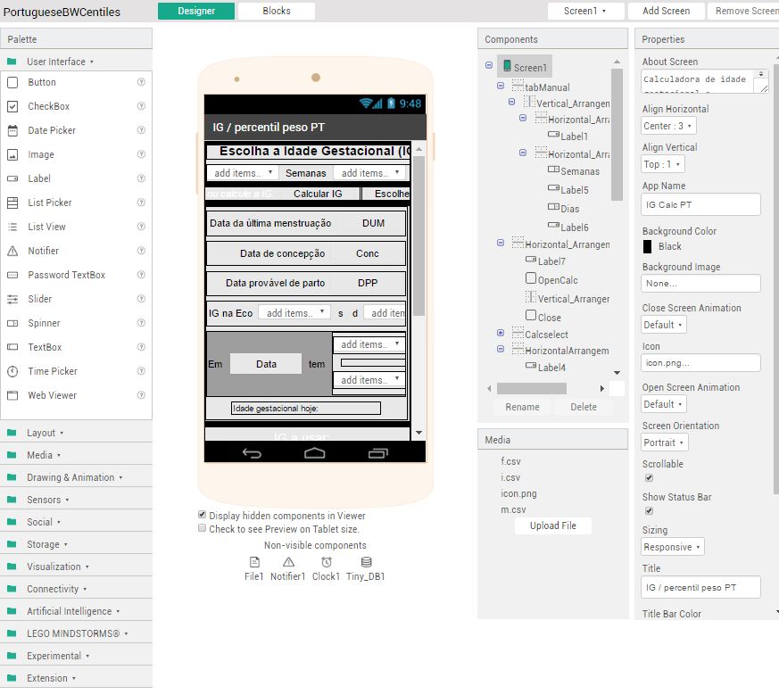 thunkable scren - IG calc PT - aplicação android para cálculo do percentil de peso fetal e Idade Gestacional